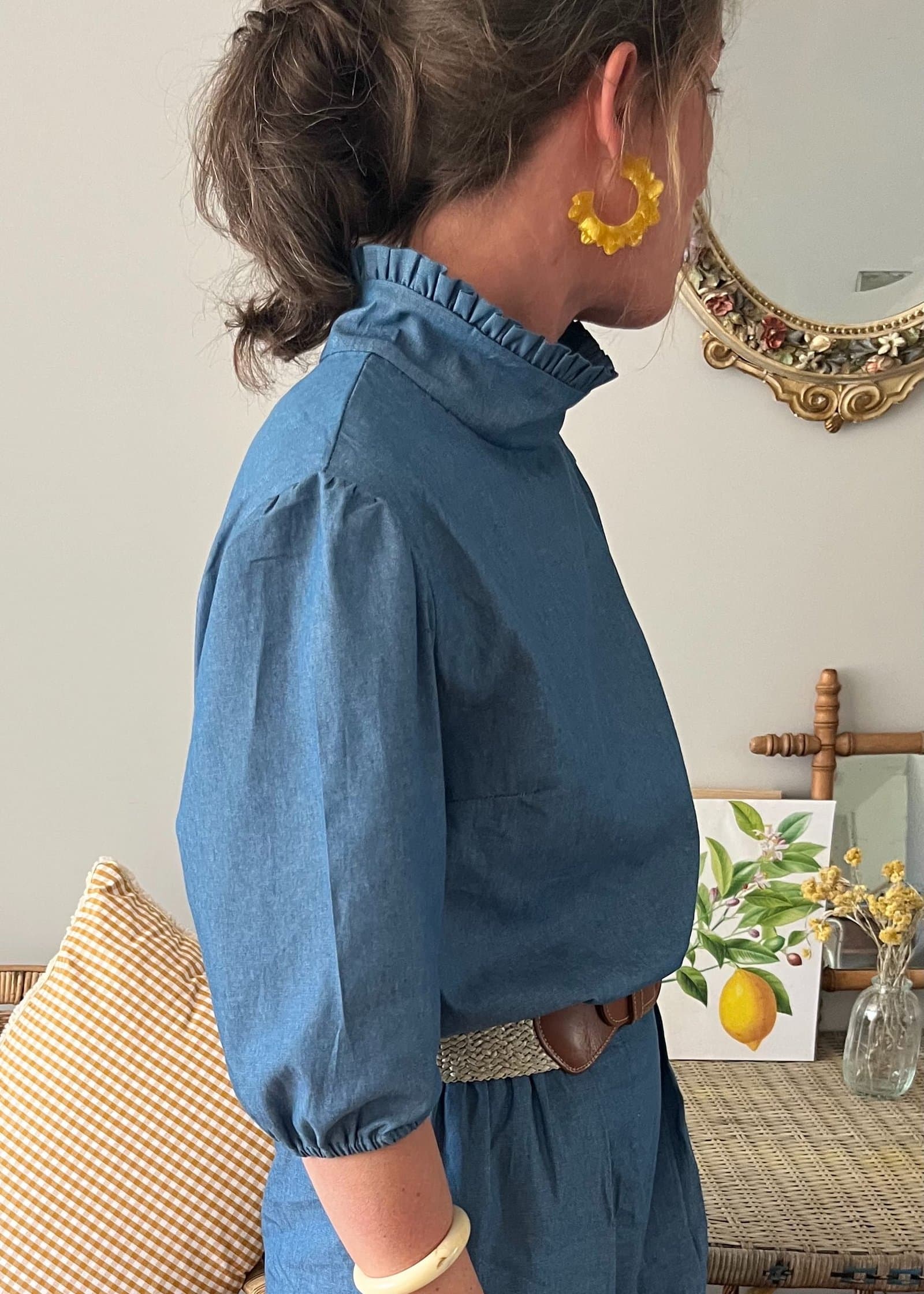 Suzon chambray – Blouse col victorien chambray bleu – By Mésange fait main France