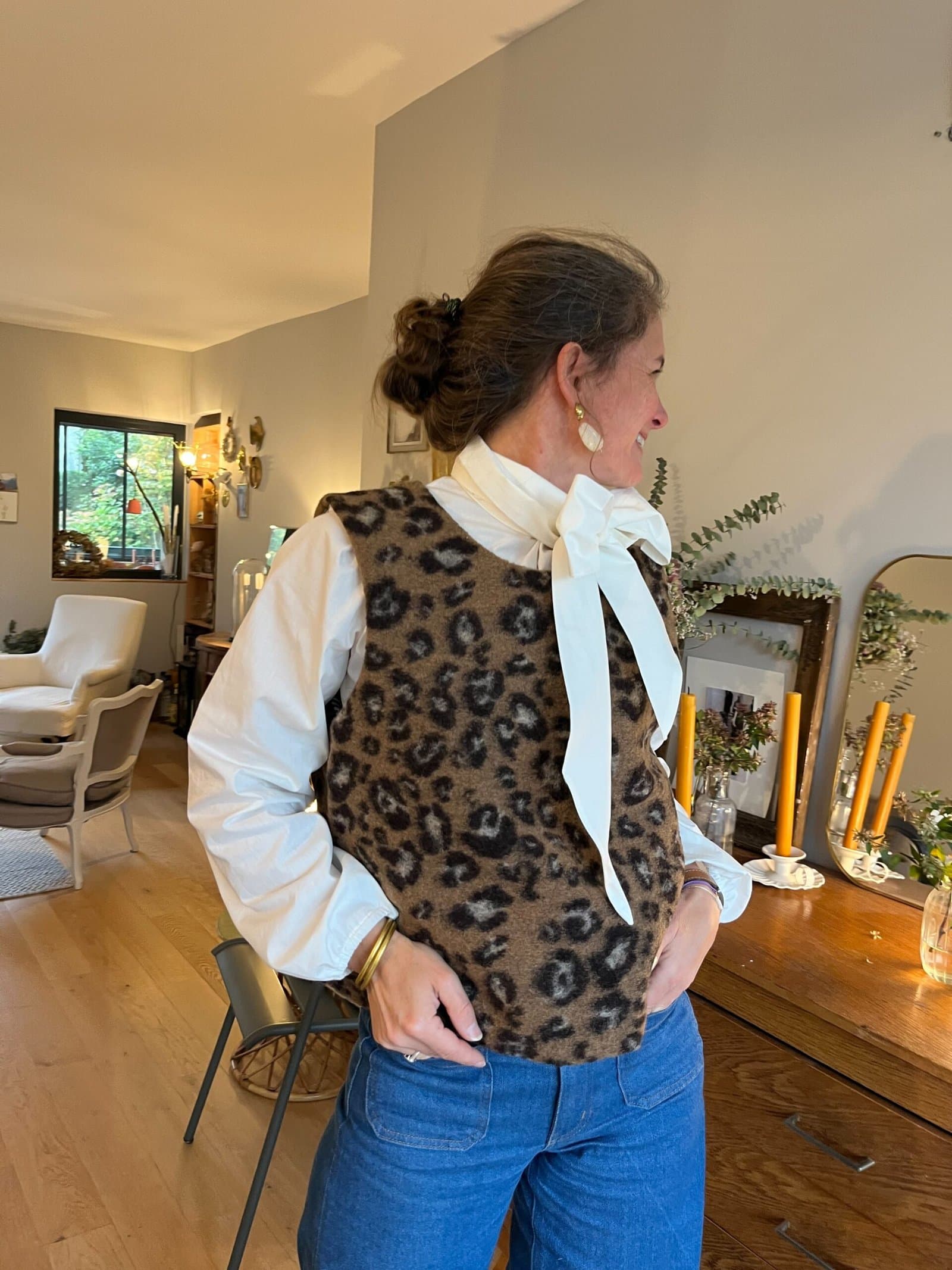 Pierette – plastron laine léopard 80% laine, doublé vichy noir blanc – By Mésange fait main France